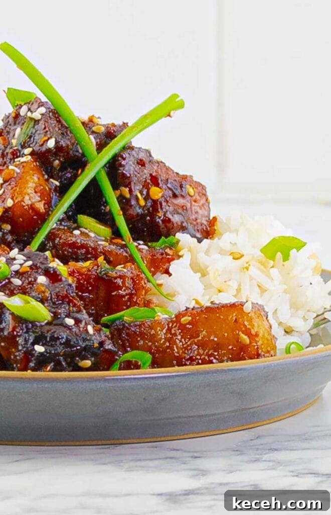 Sticky Chinese Pork Belly Recipe: Caramelized Soy-Glazed Pork Belly 2 Sticky Chinese Pork Belly with white rice on a gray plate