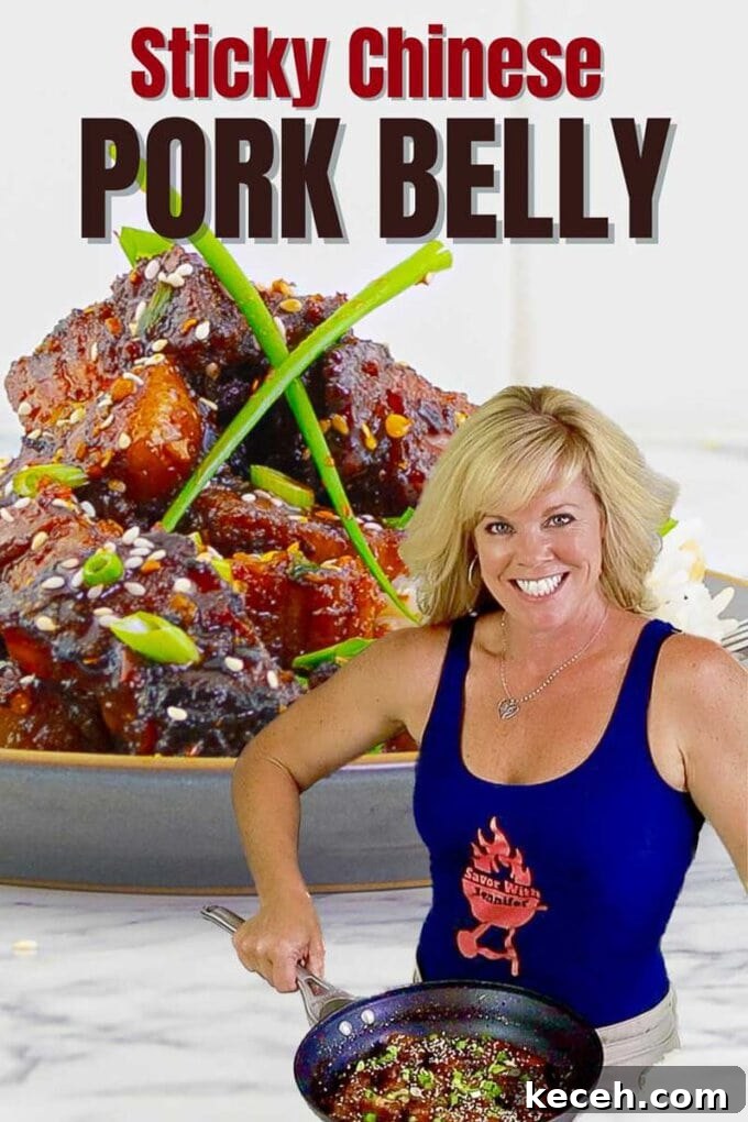 Sticky Chinese Pork Belly Recipe: Caramelized Soy-Glazed Pork Belly 11 PINTEREST PIN IMAGE of Jennifer and Sticky Chinese Pork Belly