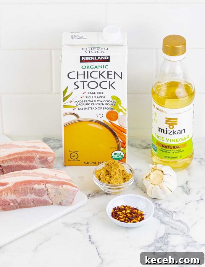 Sticky Chinese Pork Belly Recipe: Caramelized Soy-Glazed Pork Belly 4 braising ingredients for Sticky Chinese Pork Belly