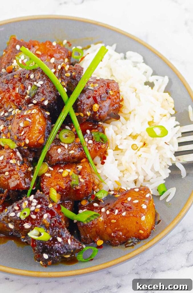 Sticky Chinese Pork Belly Recipe: Caramelized Soy-Glazed Pork Belly 10 Sticky Chinese Pork Belly with white rice on a gray plate