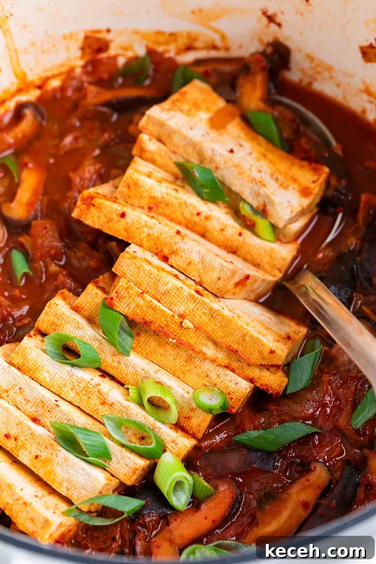 Vegan Kimchi Jjigae Recipe — Spicy Korean Kimchi Stew 11 Vegan kimchi stew in a large pot, topped with scallions and a ladle inside.