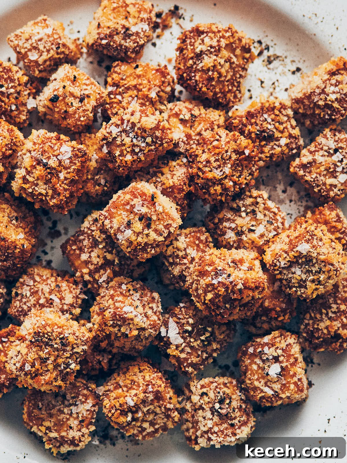 Crispy Air Fryer Breaded Tofu Recipe 18 Close up of a plate with crispy breaded air fryer tofu that has been garnished with coarsely ground black pepper and salt