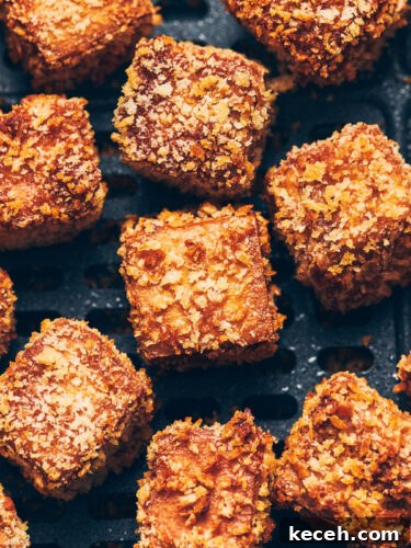 Crispy Air Fryer Breaded Tofu Recipe 19 Close up of crispy breaded air fryer tofu with panko breadcrumb crust