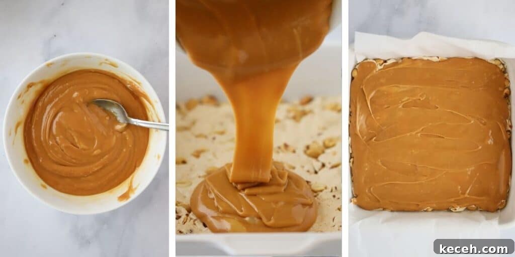 Snickers Candy: Flavor, Nutrition, and Serving Ideas 4 Pouring melted caramels over the top of a nougat layer to make homemade Snickers bars.