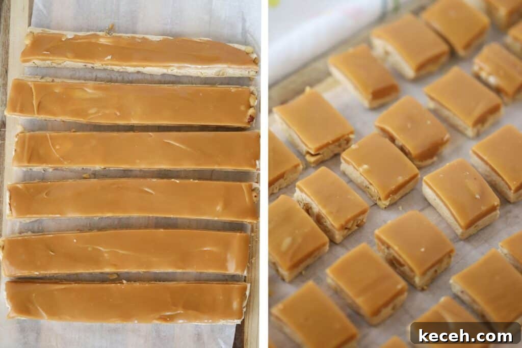 Snickers Candy: Flavor, Nutrition, and Serving Ideas 5 A sheet of Snickers candy bars being cut into smaller pieces.