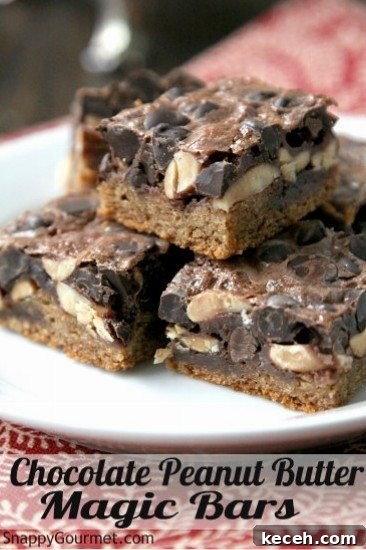 CHOCOLATE PEANUT BUTTER MAGIC BARS Chocolate Peanut Butter Magic Bars stacked on plate
