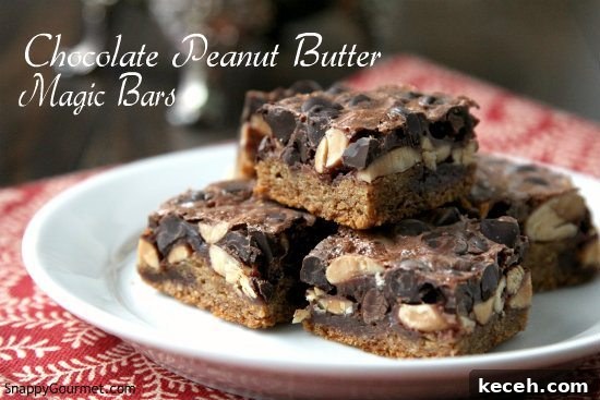 CHOCOLATE PEANUT BUTTER MAGIC BARS Chocolate Peanut Butter Magic Bars on plate