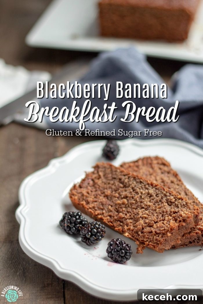 This blackberry banana breakfast bread has a hearty oat texture and a light blackberry flavor that is perfect topped with butter and a drizzle of honey. It is also protein-packed, gluten-free, and has no refined sugar.