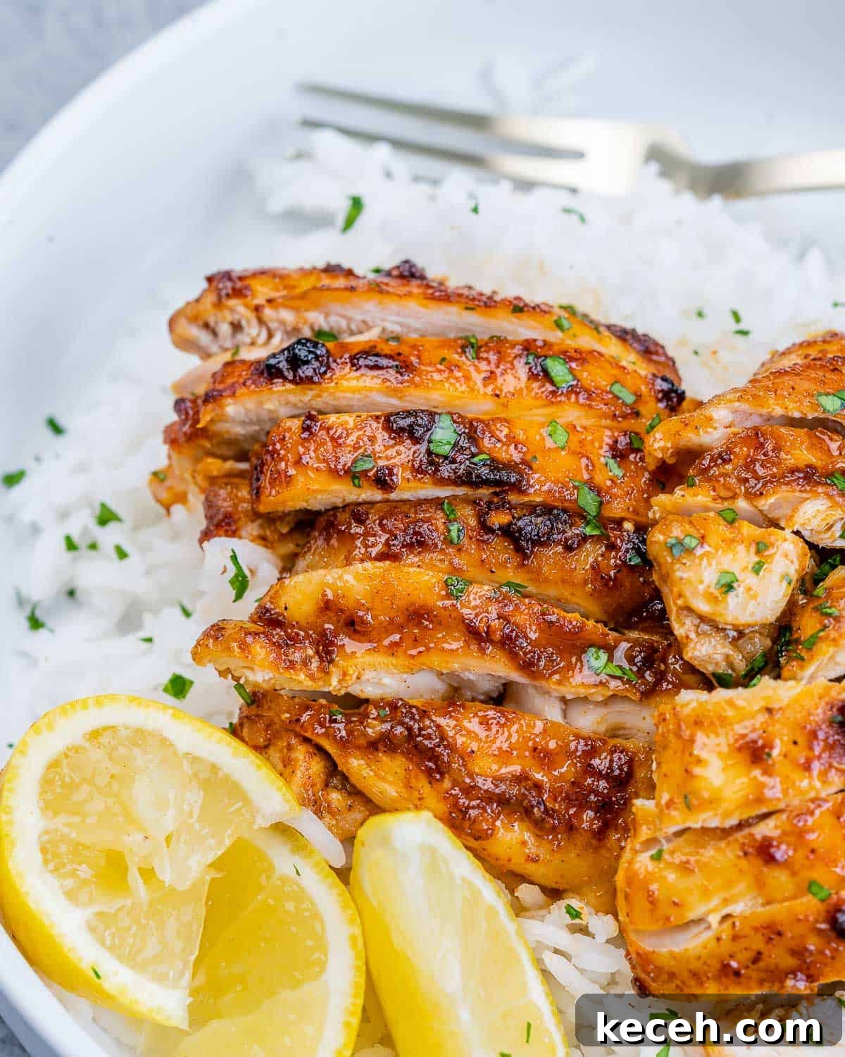 Crispy Air Fryer Boneless Chicken Thighs Recipe 8 Sliced chicken served over rice with lemon slices.