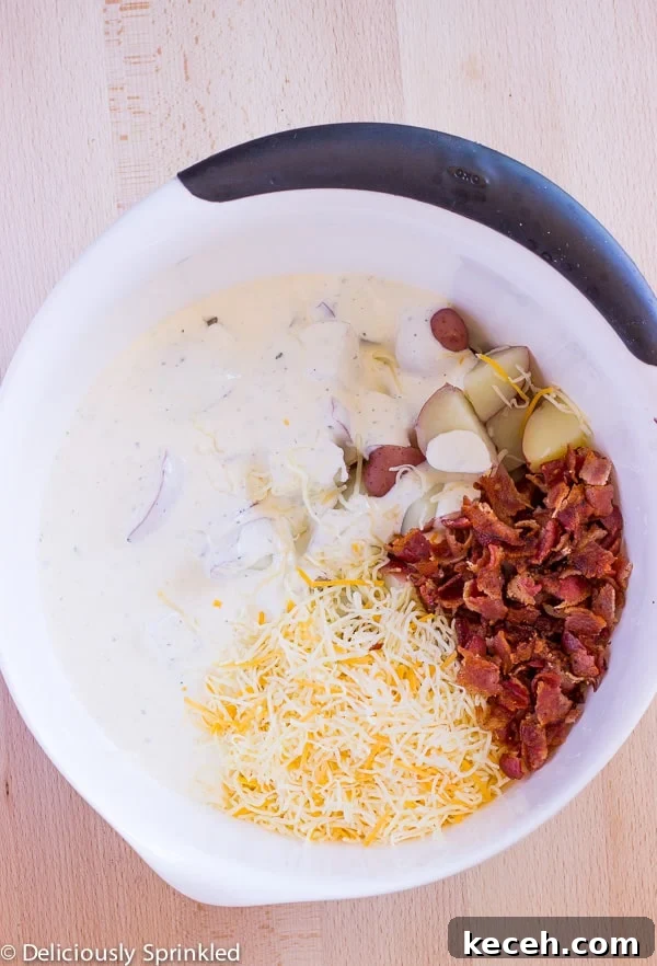 Creamy Bacon Ranch Potato Salad Recipe with Crispy Bacon Bits 6 easy potato salad with ranch and bacon