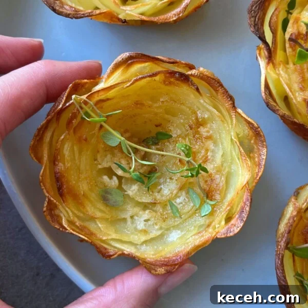 A hand holds a crispy, golden-brown potato rose, garnished with fresh thyme and displayed on a light blue plate with more elegant potato roses in the background.