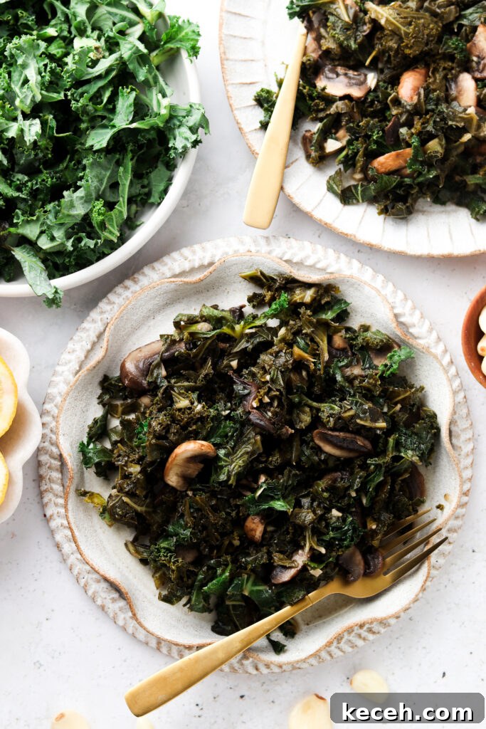 kale and mushrooms in bowls