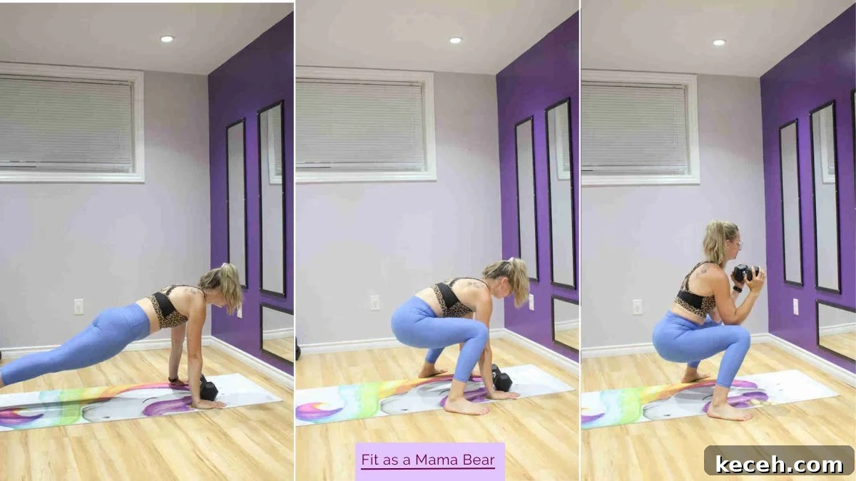 4-Minute Daily Workout Challenge — Day 4 Routine 3 Three images of a woman in blue pants and sports bra performing an exercise on the floor with a dumbbell.