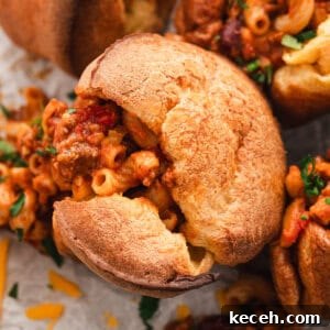 Close up overhead view of a chili mac popover