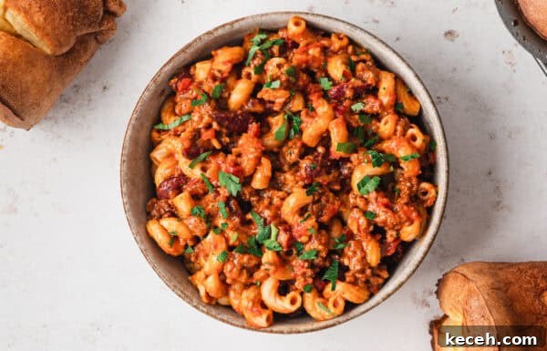 Overhead view of a bowl of chili mac