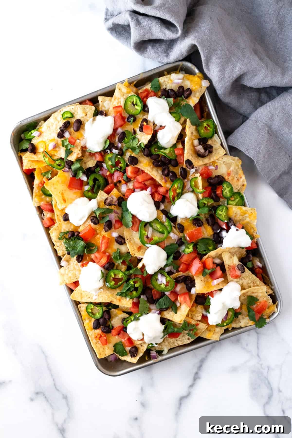 Loaded Black Bean Nachos with Fresh Salsa and Melted Cheese 2 Black Bean Nachos topped with tomatoes, jalapeño and sour cream.