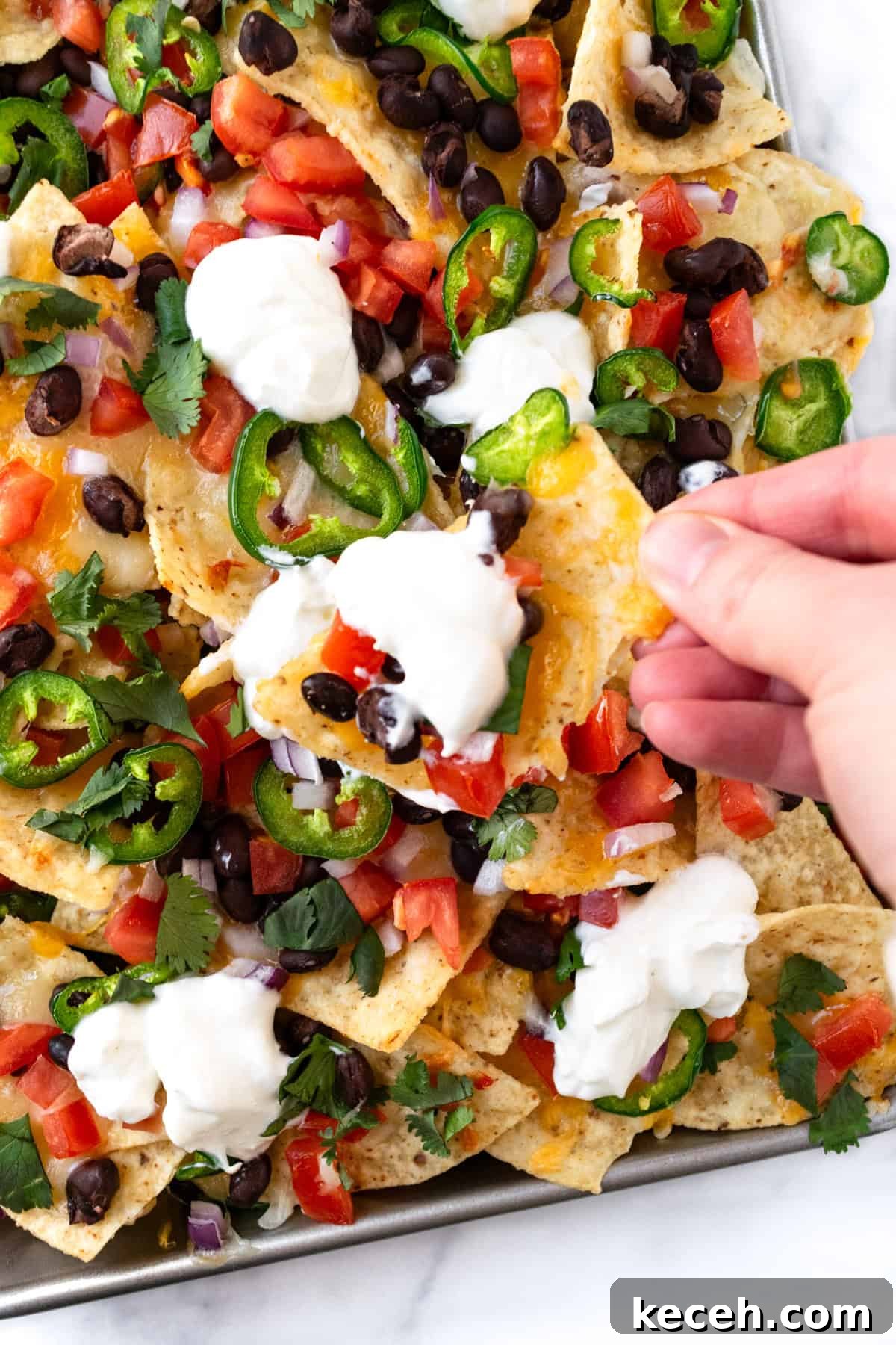 Loaded Black Bean Nachos with Fresh Salsa and Melted Cheese 6 A hand picking up a black bean nacho from a baking sheet full of them.