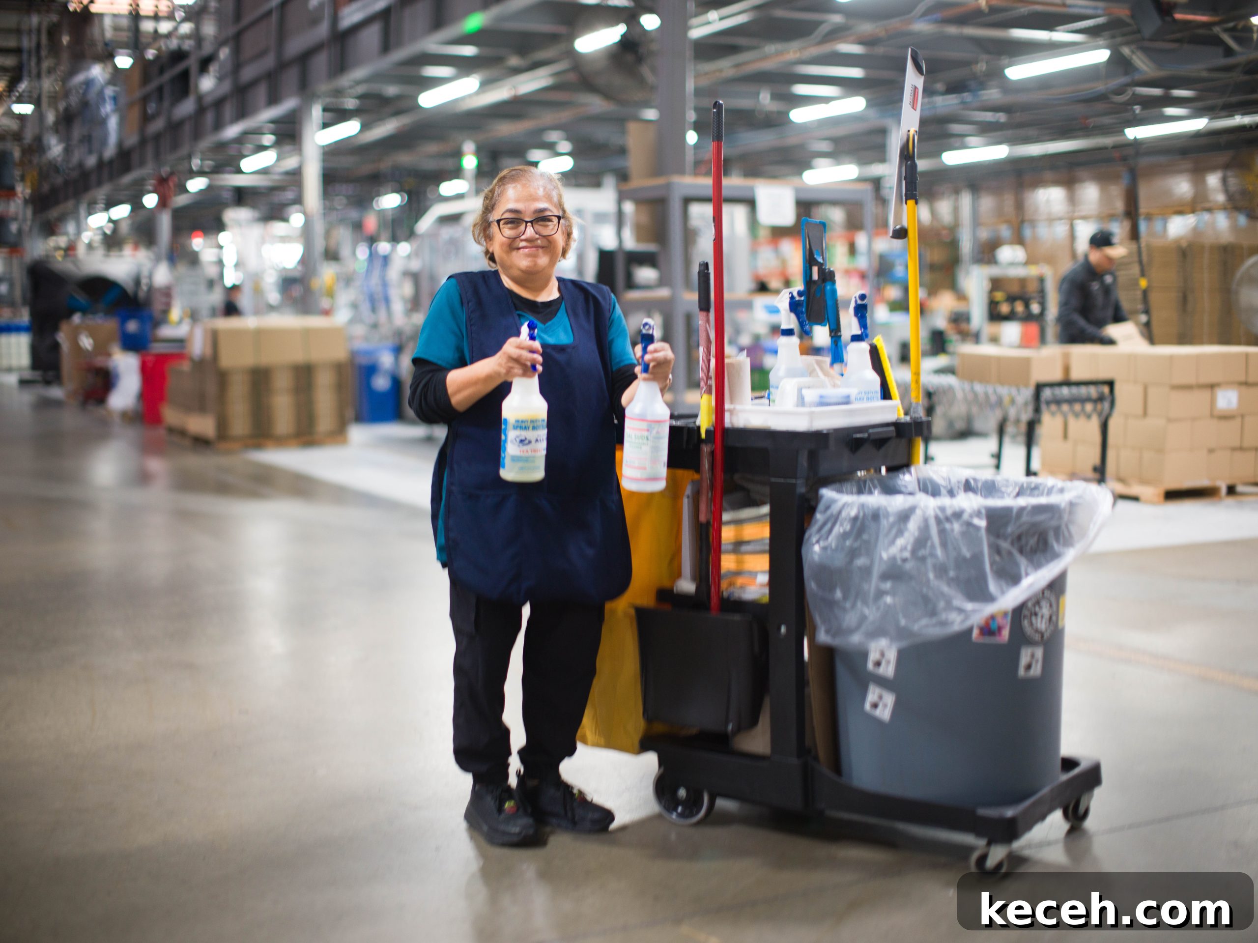 Dr. Bronner’s Guide to Commercial Facility Cleaning and Disinfection 2 Dr. Bronner's employee Azucena holding two spray bottles next to her cleaning cart, smiling.