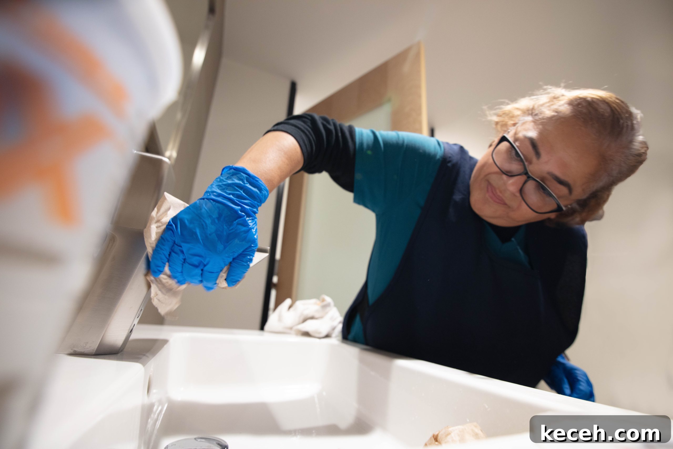 Dr. Bronner’s Guide to Commercial Facility Cleaning and Disinfection 6 Azucena cleaning a sink faucet.