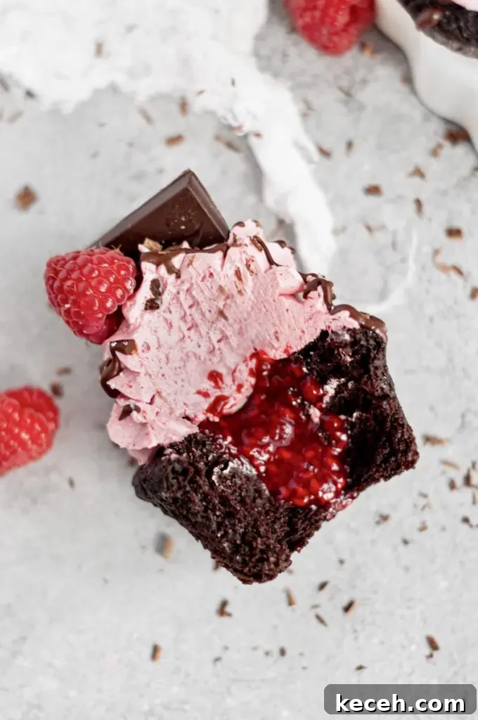 Gluten-Free Chocolate Raspberry Cupcakes with Vegan Option 5 Dark chocolate cupcakes with pink raspberry buttercream swirled on top. There's a bright red raspberry on the top of the frosting swirl with a square of dark chocolate.