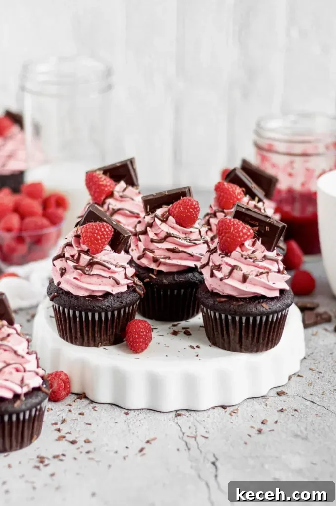 Gluten-Free Chocolate Raspberry Cupcakes with Vegan Option 6 Dark chocolate cupcakes with pink raspberry buttercream swirled on top. There's a bright red raspberry on the top of the frosting swirl with a square of dark chocolate.