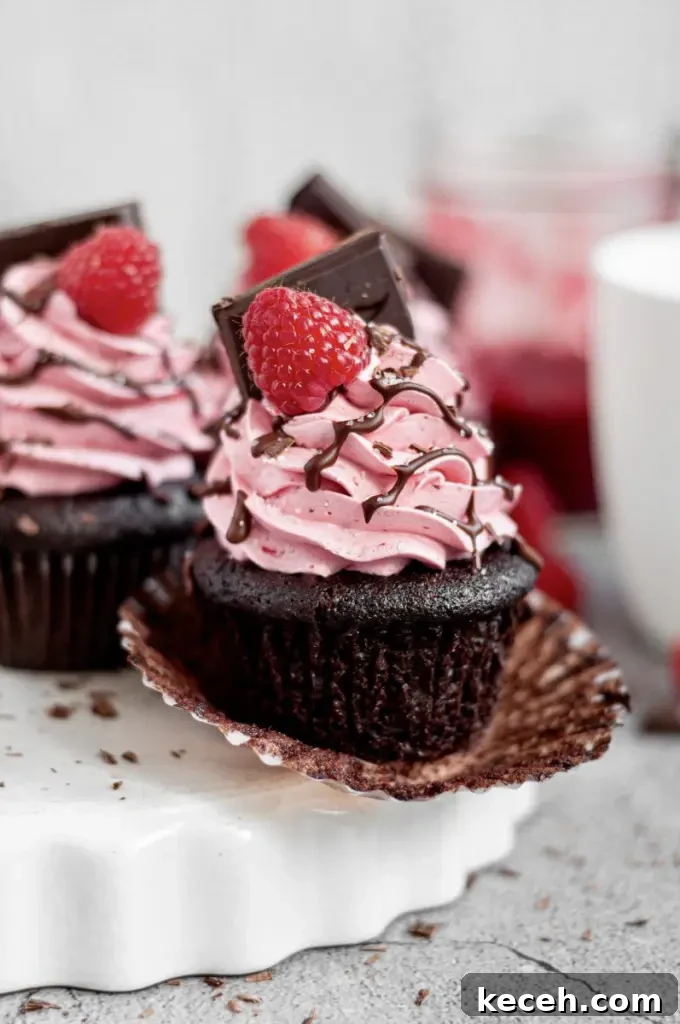 Gluten-Free Chocolate Raspberry Cupcakes with Vegan Option 7 Dark chocolate cupcakes with pink raspberry buttercream swirled on top. There's a bright red raspberry on the top of the frosting swirl with a square of dark chocolate.