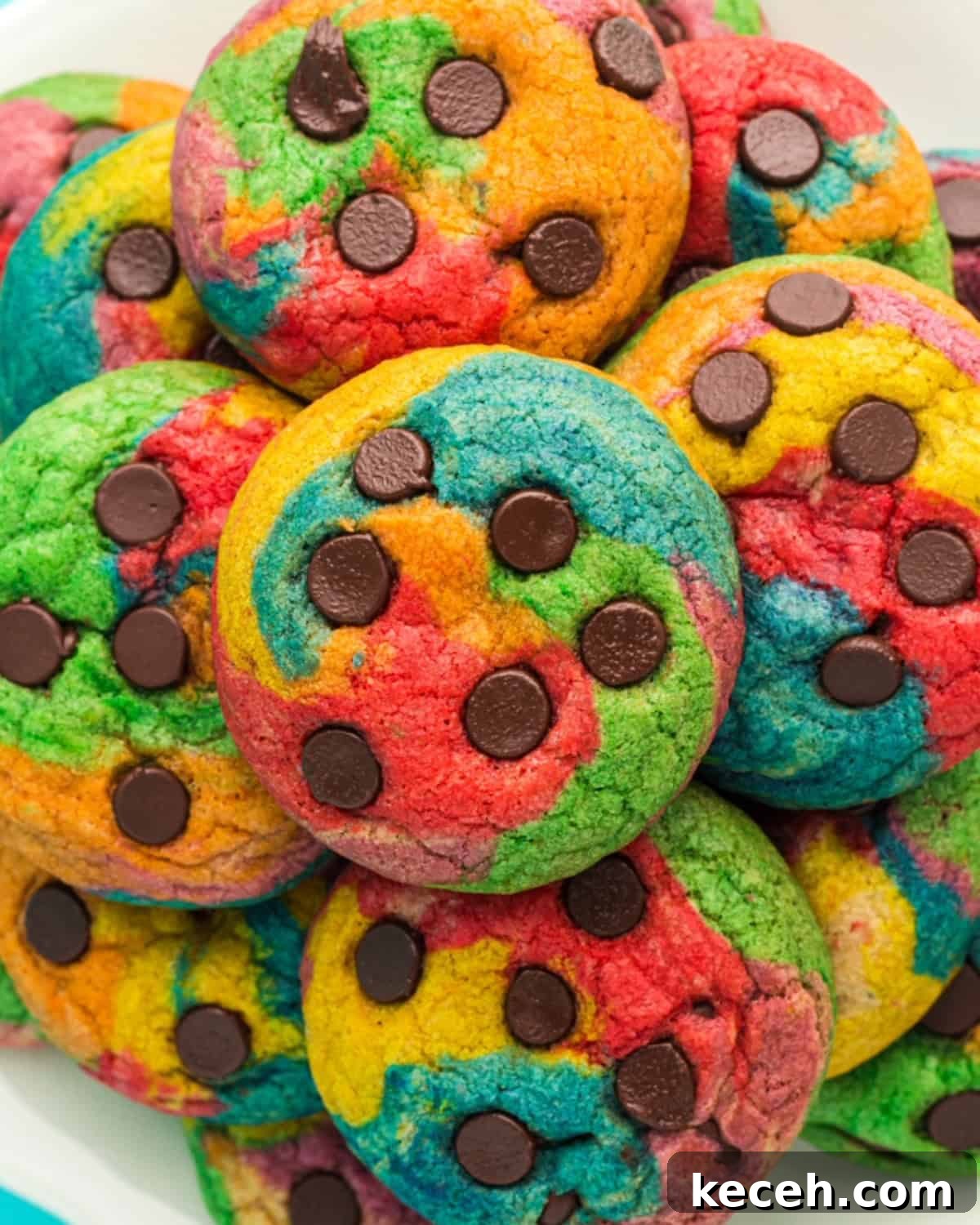 A plate of rainbow chocolate chip cookies.