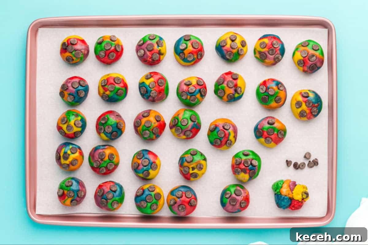 Tie-dyed cookie dough balls arranged on a baking sheet.