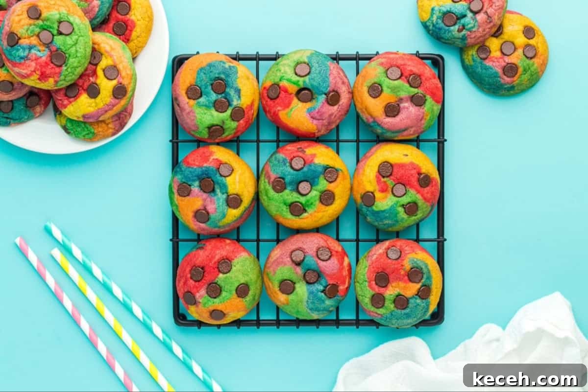 Nine rainbow cookies on a cooling rack.