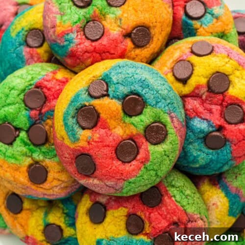 Rainbow Chocolate Chip Cookies piled on top of each other.