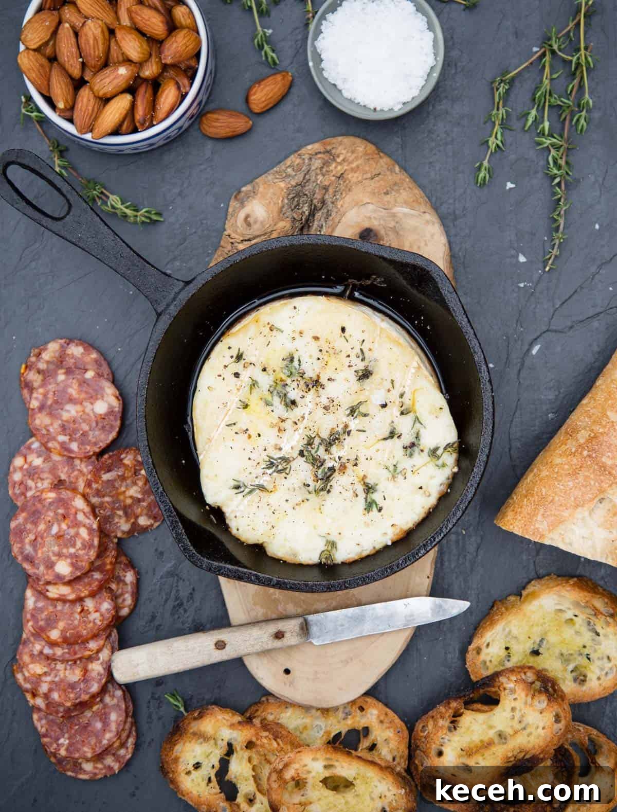 Grilled Baked Brie with Wine-Infused Glaze 2 A cheese board with grilled brie, baguette slices, almonds, and salami