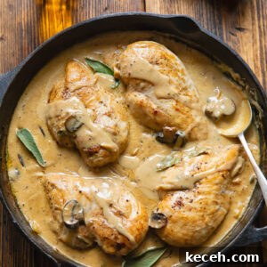 Somerset-Style Chicken Braised in Apple Cider 5 Top down shot of somerset chicken in a pan with creamy cheese sauce