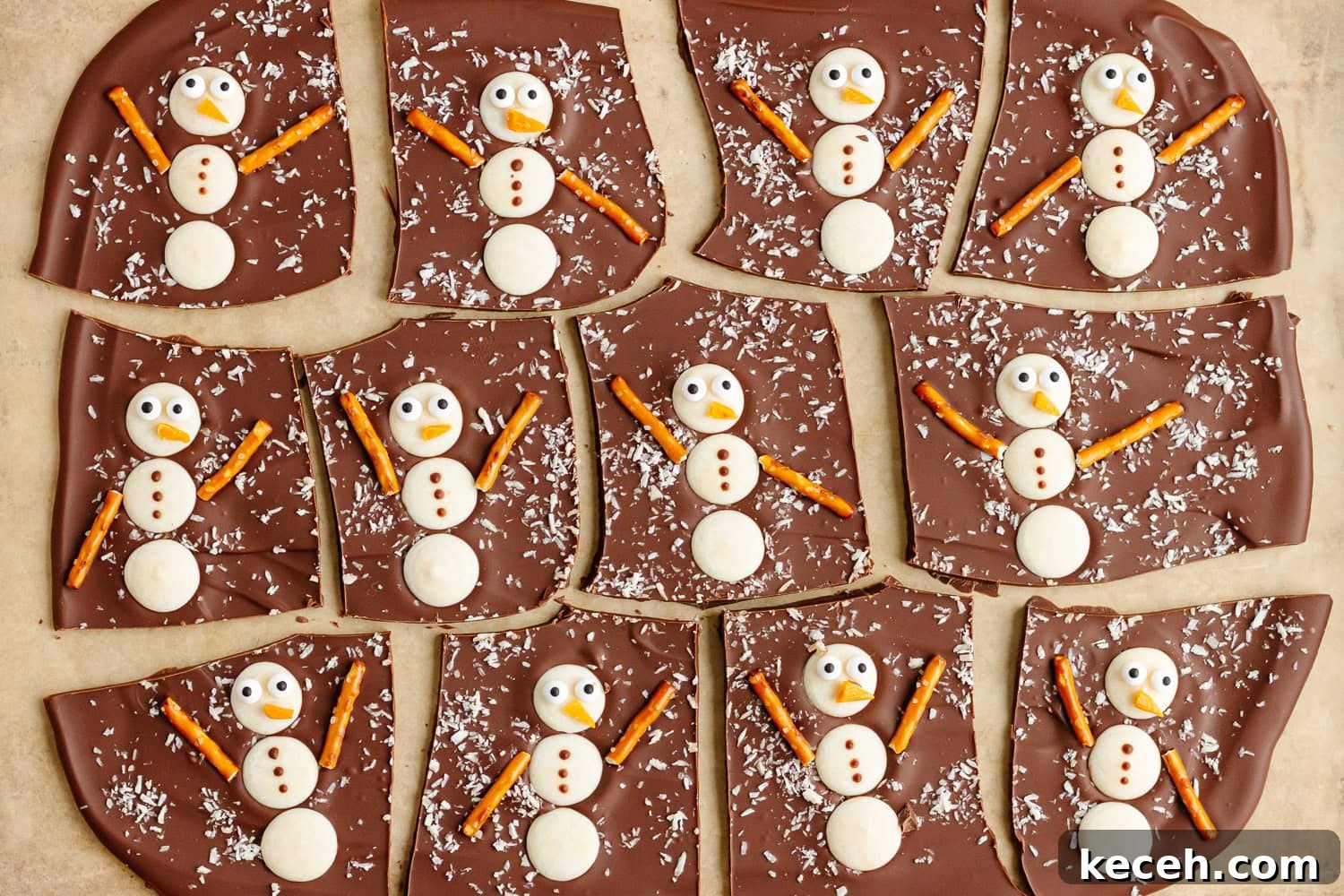 Snowman Chocolate Bark Recipe for Christmas Treats 10 Snowman chocolate bark cut into pieces.
