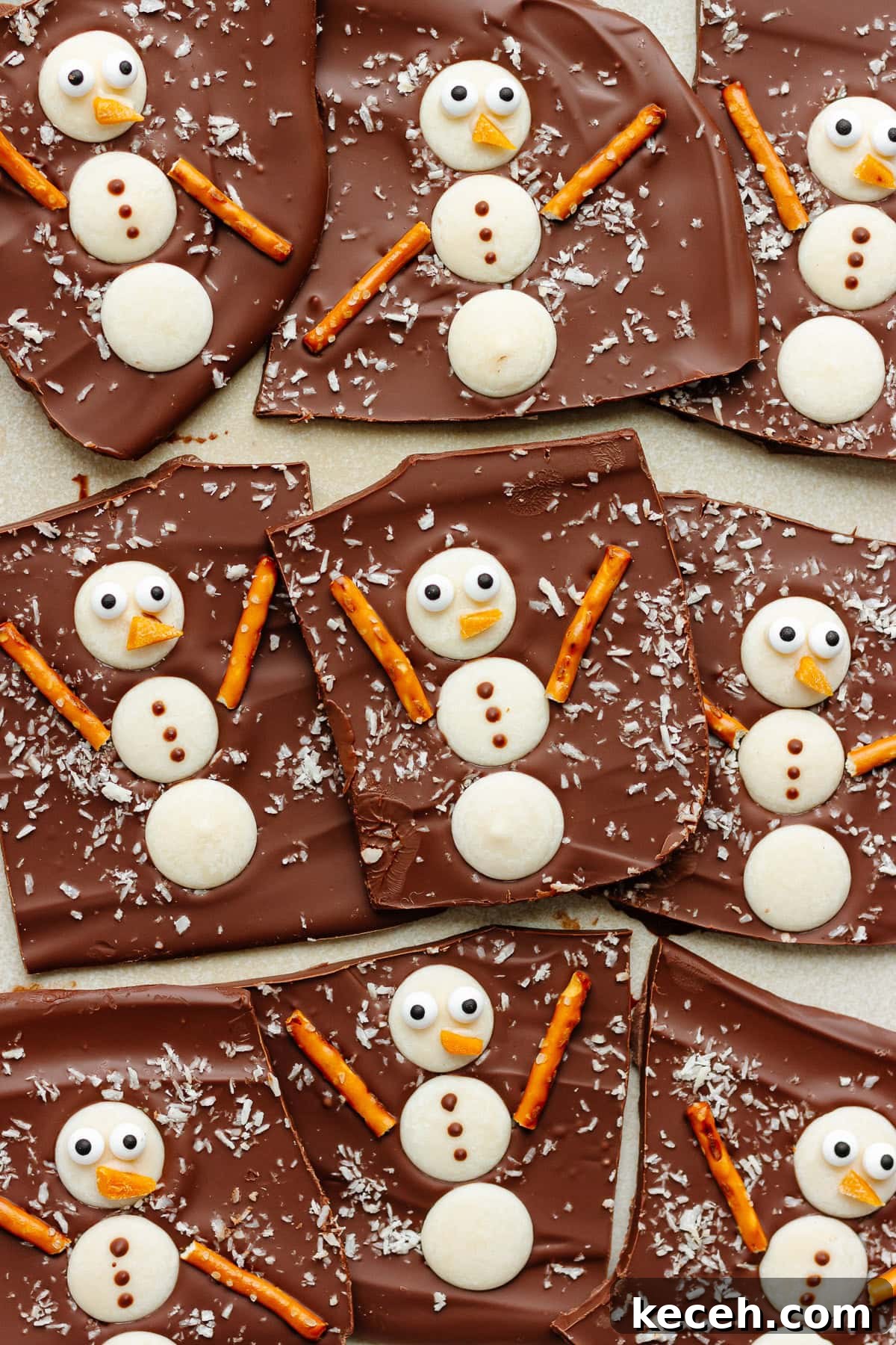 Snowman Chocolate Bark Recipe for Christmas Treats 12 Christmas chocolate bark decorated with snowmen.