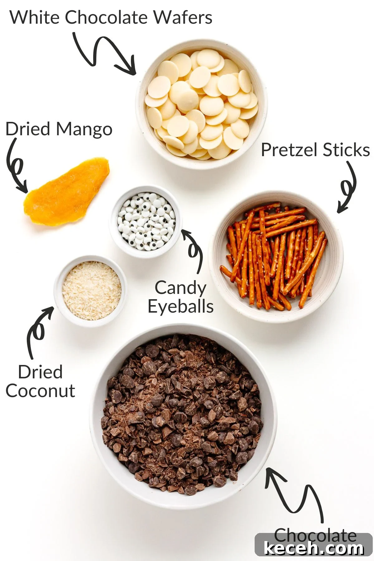 Snowman Chocolate Bark Recipe for Christmas Treats 4 Labelled photo of ingredients needed to make Christmas snowman chocolate bark.