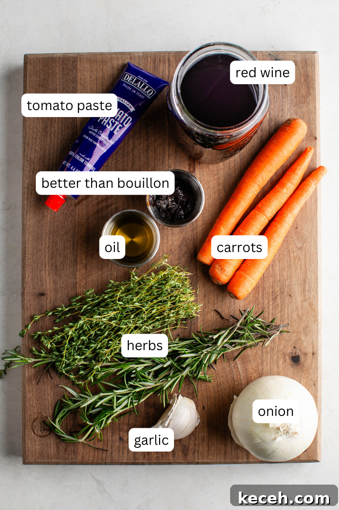 Red Wine Braised Beef Short Ribs with Rich Sauce 4 tube of tomato paste, mason jar of red wine, pinch bowls of oil and better than bouillon, 3 whole carrots, fresh rosemary and thyme, garlic and a whole onion on a butchers block.