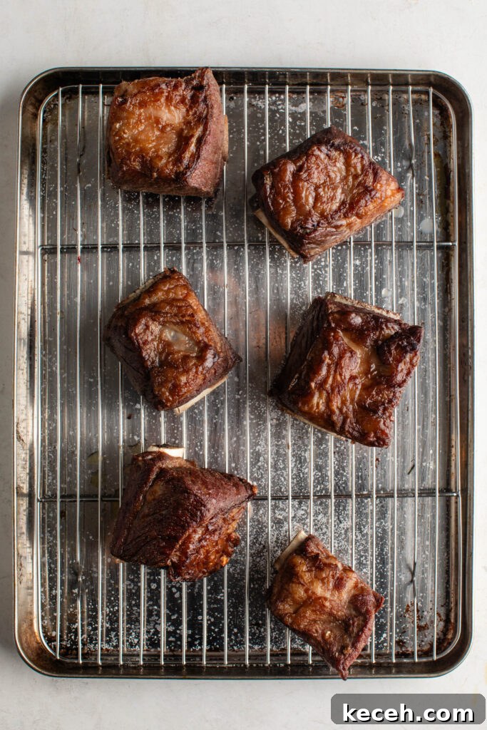 Red Wine Braised Beef Short Ribs with Rich Sauce 6 seared short ribs on a pan with a wire rack