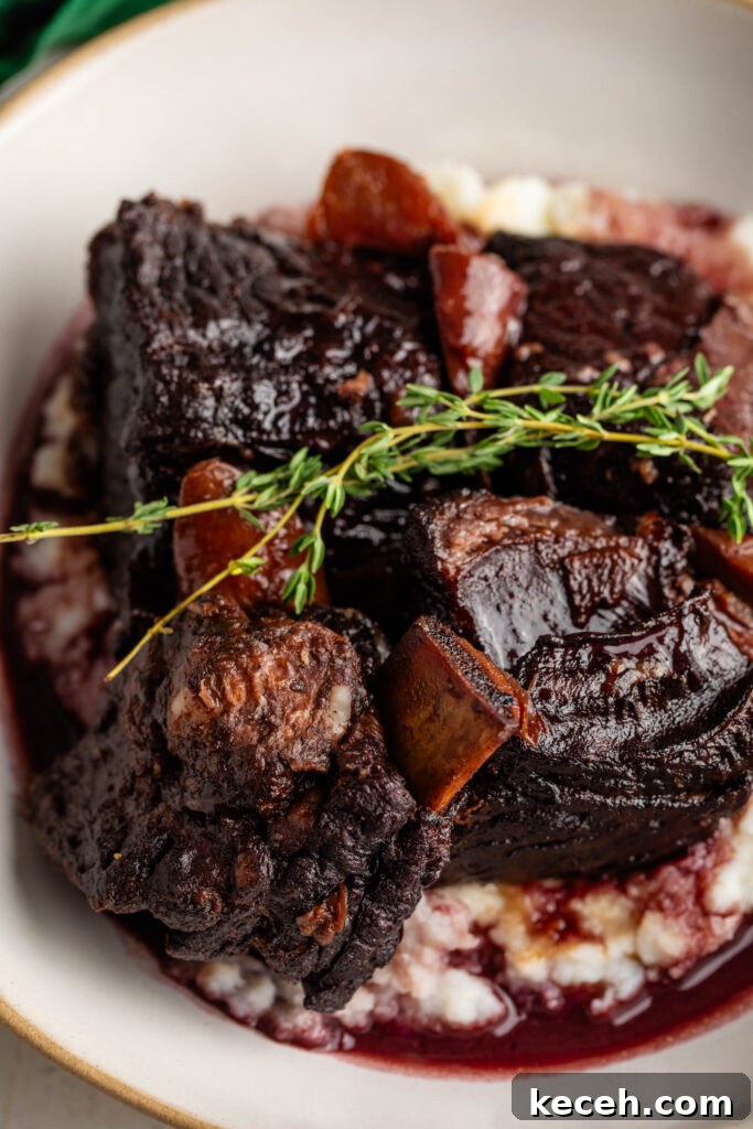 Red Wine Braised Beef Short Ribs with Rich Sauce 9 braised beef short ribs over a bed of mashed potatoes topped with thyme sprigs.
