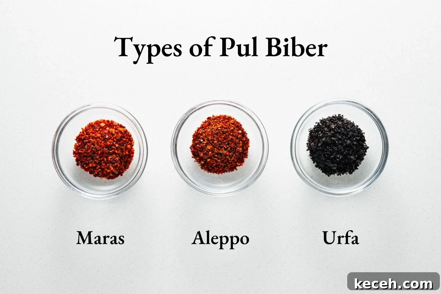 Top Substitutes for Aleppo Pepper: Flavorful Alternatives You Can Use 4 Three glass bowls with three different types of pul biber. From left there is Maras biber, Aleppo pepper and urfa biber.