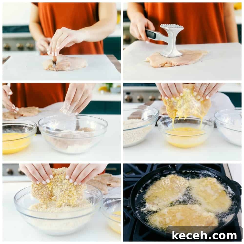 Awesome Chicken Katsu is a crispy breaded chicken breast seasoned and dipped in Panko then lightly fried in oil until the crust becomes a golden brown. A light and savory Japanese dish! The process of making chicken katsu. First pound it flat, dip it in flour, egg, panko breadcrumbs then fry it.