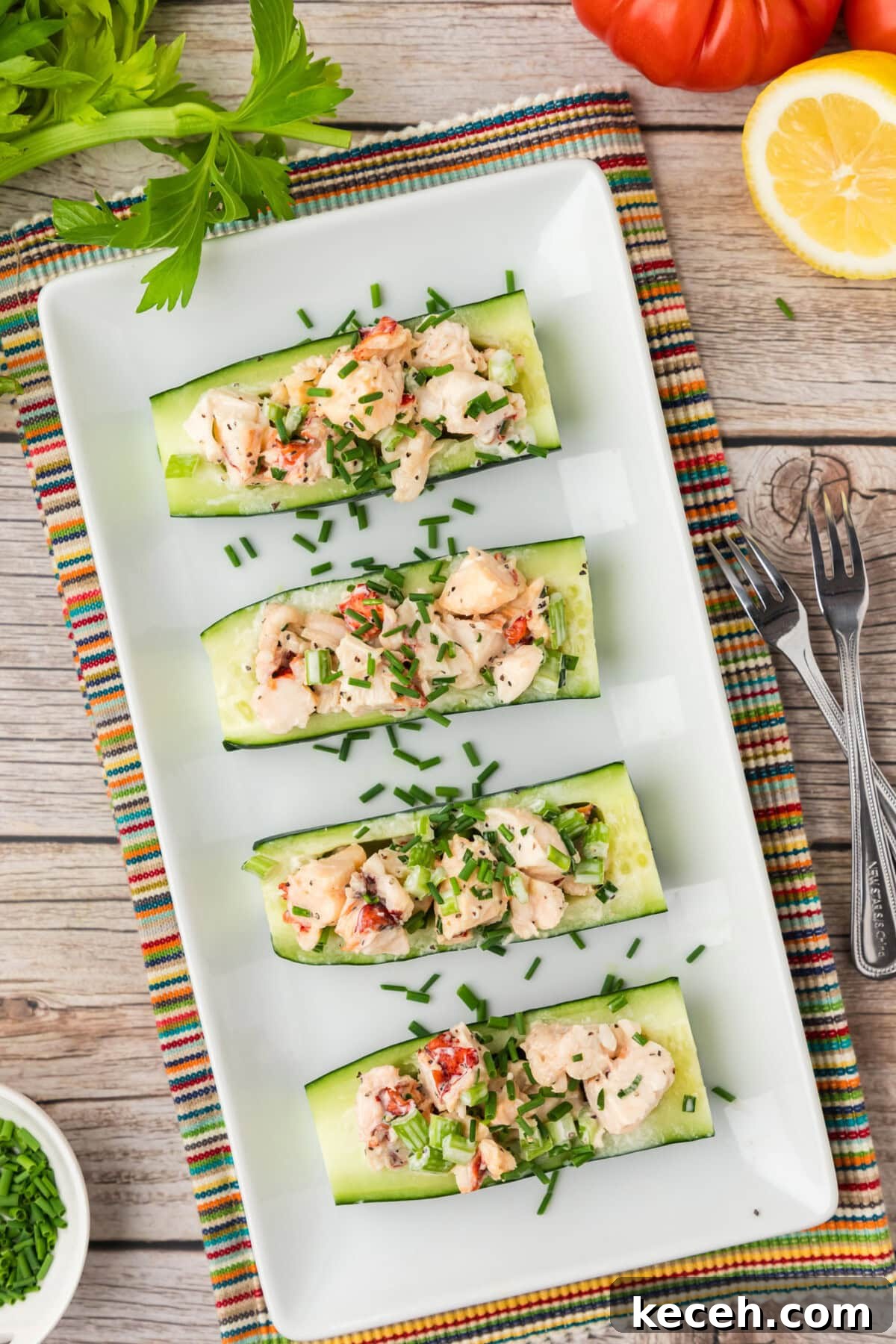 Overhead photo of Lobster Cucumber Boats on a serving platter