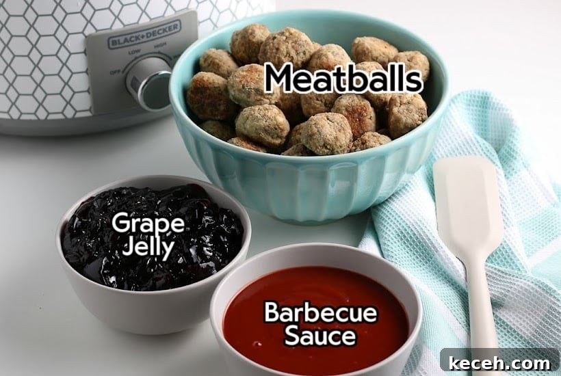 Slow-Cooker Grape Jelly BBQ Meatballs Recipe 3 Ingredients needed to make crockpot grape jelly meatballs with text overlay.