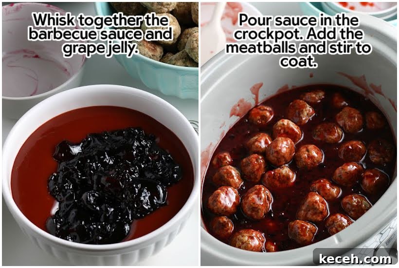 Slow-Cooker Grape Jelly BBQ Meatballs Recipe 4 Two image collage of BBQ sauce and grape jelly in a mixing bowl and a crockpot filled with meatballs and sauce with text overlay.