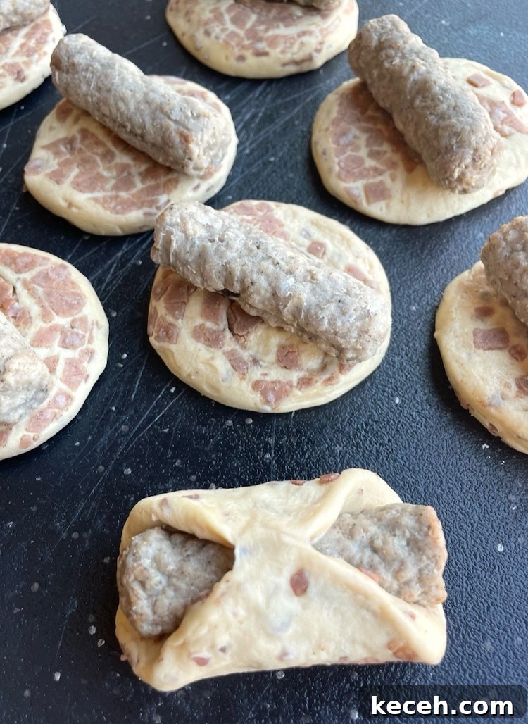 Sausage links wrapped in cinnamon rolls to make breakfast pigs in a blanket, a fun and easy recipe to make at home with just 2 ingredients!