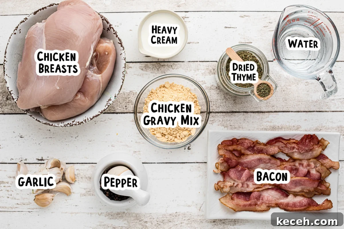 Slow Cooker Chicken in Bacon Gravy — Comforting One-Pot Meal 3 Ingredients for chicken with bacon gravy on a table with text of what the ingredients are.