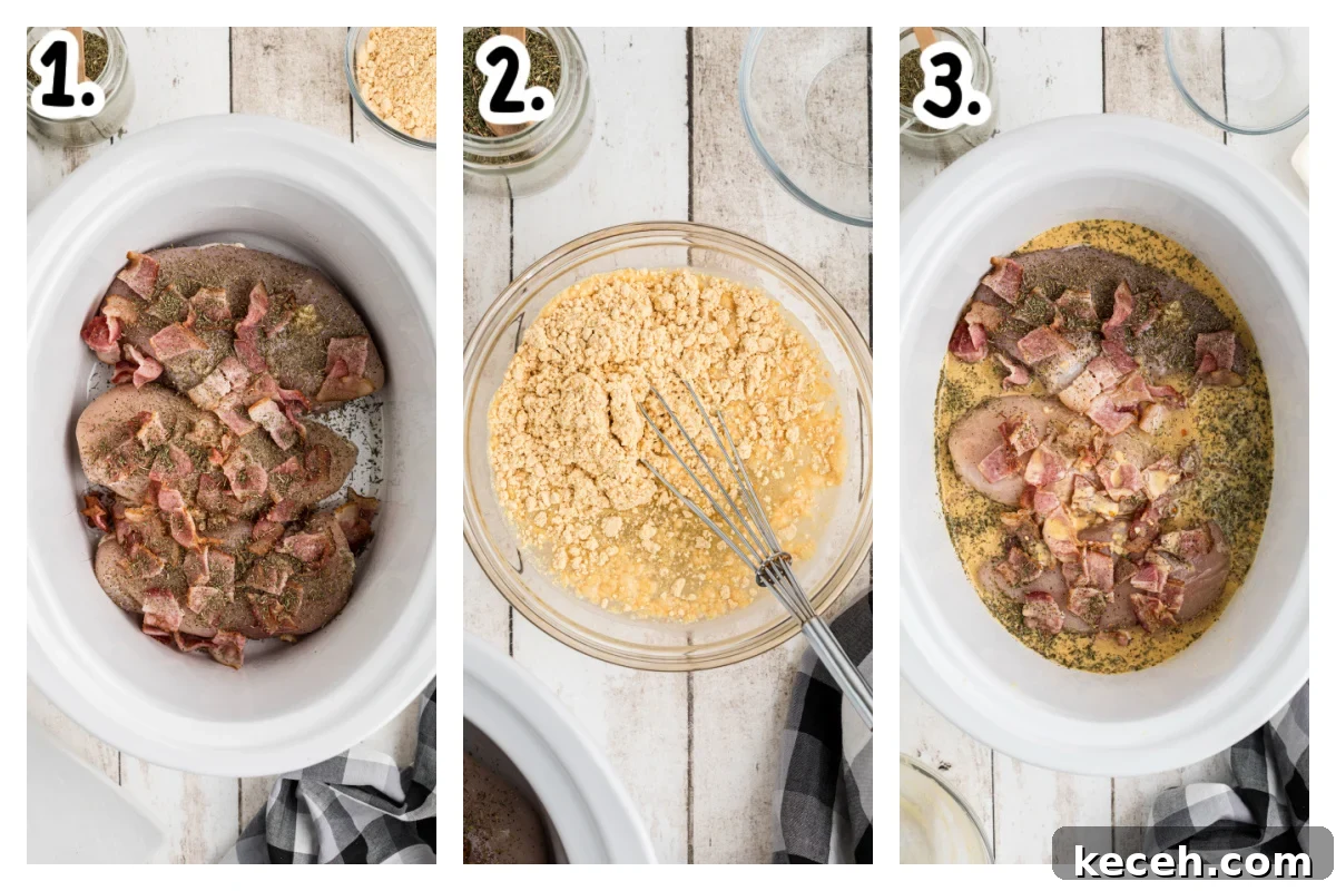 Slow Cooker Chicken in Bacon Gravy — Comforting One-Pot Meal 4 3 images showing how to add chicken, bacon and gravy mix into a slow cooker.