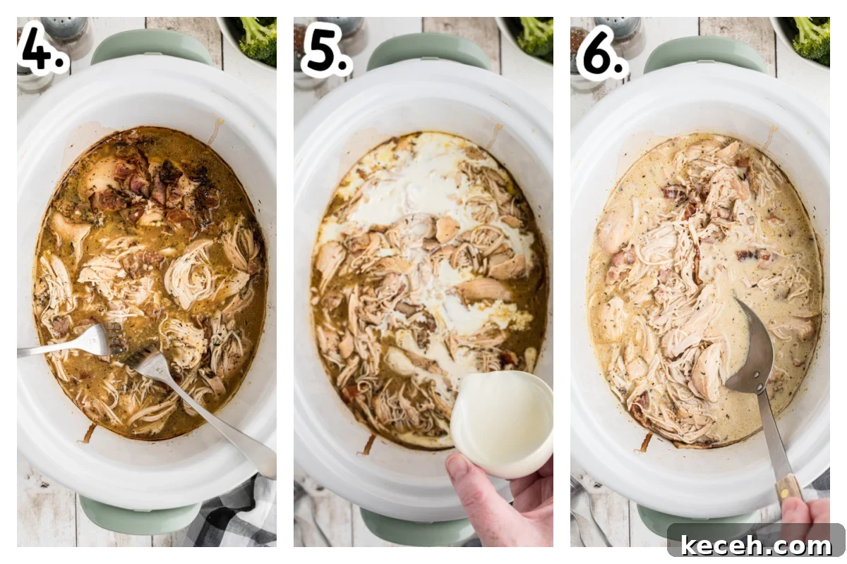 Slow Cooker Chicken in Bacon Gravy — Comforting One-Pot Meal 5 3 images showing chicken being shredded, cream being added and the finished dish in the slow cooker.