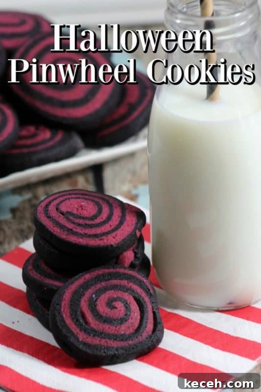 Spooky Halloween Pinwheel Cookie Recipe You’ll Love 2 Halloween Pinwheel Cookies in black and deep red