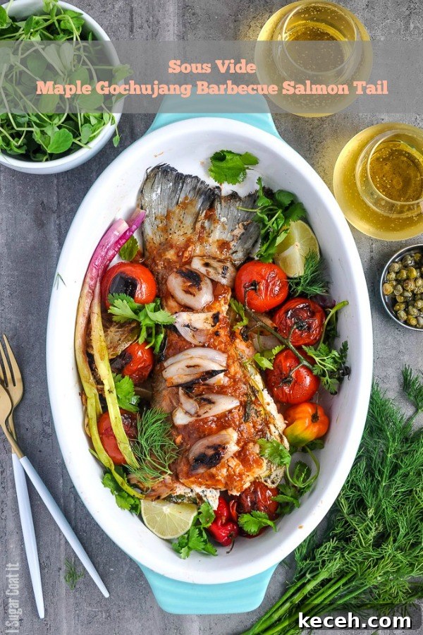 Sous Vide Salmon Tail with Maple Gochujang Barbecue Glaze 7 Maple #Gochujang #Barbecue #Salmon Tail #SousVide cooked to perfection and smothered in a homemade Korean-style barbecue sauce.